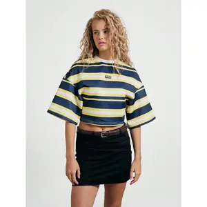 AiiRZ Striped Oversized Drop Shoulder Round Neck Cropped T-Shirt