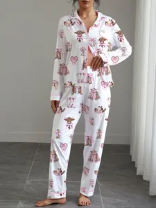 Women's Fall Winter Pajama Set, Denim Pattern Printed, Shirt Collar Button Front Long Sleeve Top & Elastic Pants, Casual Home Wear