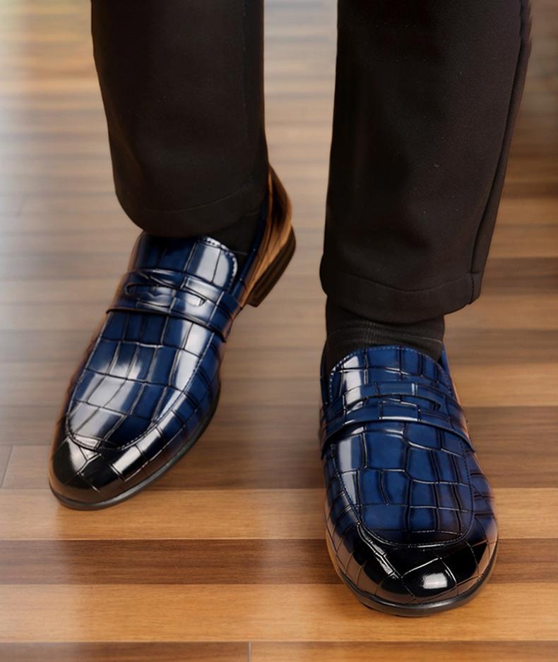 Men's Blue Croc-Embossed Penny Loafers, Formal Slip-On Leather Shoes38696 Men's Blue Croc-Embossed Penny Loafers, Formal Slip-On Leather Shoes38696