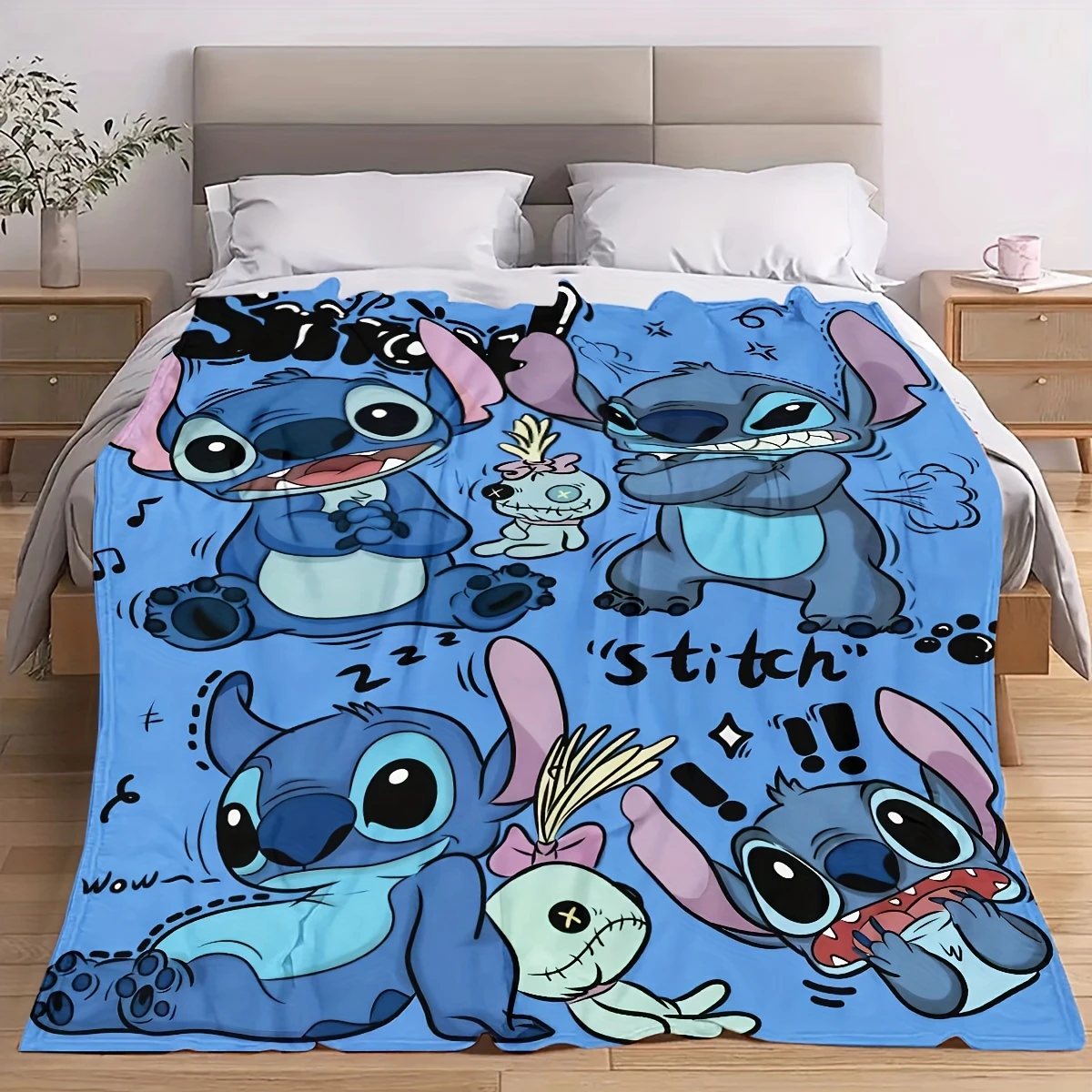 DISNEY CLASSIC A Cute Stitch Flannel Blanket, Warm, Comfortable, Soft Fleece Blanket, Bed, Sofa, Office, Camping, Traveling, Home Decor