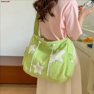 Women’s High-Capacity Corduroy Tote Bag - Cute Star Patch Crossbody Shoulder Bag with Adjustable Strap, Soft Lightweight Handbags for Women for Casual Use, School, Shopping,summervibes