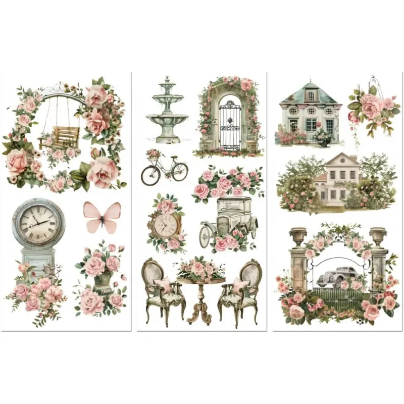 Rub on Transfer Decals for Furniture Crafts 6"x12" Vintage Buildings, 3Pcs Waterproof UV DTF Transfer Decals Sticker for Dresser Lingerie Chests Drawer Glass Porcelain Wood Plastic