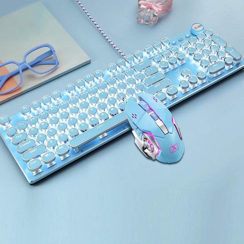XINMENG Wired Pink Typewriter Keyboard and Mouse Combo,Retro Vintage Mechanical Gaming Keyboard with White LED Backlit,104 Keys Anti-Ghosting Blue Switch Cute Keyboard,Round Keycaps,4 Color Backlit Mouse,Pink Mousepad for Desktop PC/Laptop Mac