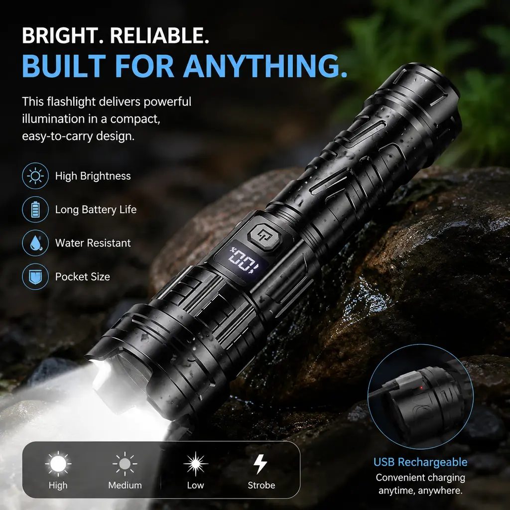 Rechargeable Handheld Flashlight with Digital Power Display, Telescopic Zoom, 3-Mode Dimming for Camping, Hiking, Emergency Outdoor Use