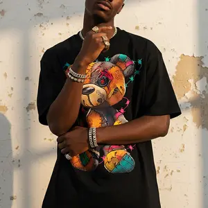 180g[100%cotton]Men's Summer Cartoon Bear Printed Round Neck Short Sleeve Casual T-Shirt Unisex Top Classic Cotton Loose Fit Garment