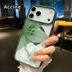 Magnetic Case for iPhone 17 16  Pro Max Plus 15 14 13 12 11 Air E  Green floral charm Patterned Clear Acrylic Back Waterproof Lightweight Mobile Phone Cover