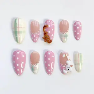 3D Kawaii Cute cat nails/Pink polka dots nails press on nails long almond nails/Green Plaid Nails