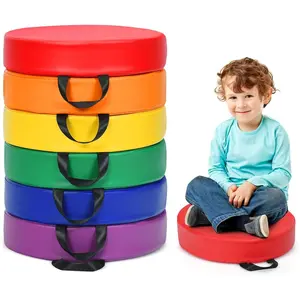 6 PCS Round Flexible Seating Floor Cushions, PU + EPE Portable Classroom Cushion w/Handles, Stackable Seating Cushions for Classroom, Daycare, Preschool (Red)