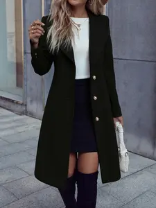 Women's Fashion Button Front Woolen Coat, Casual Pure Color Long Sleeve Jacket, Elegant Streetwear for Fall & Winter