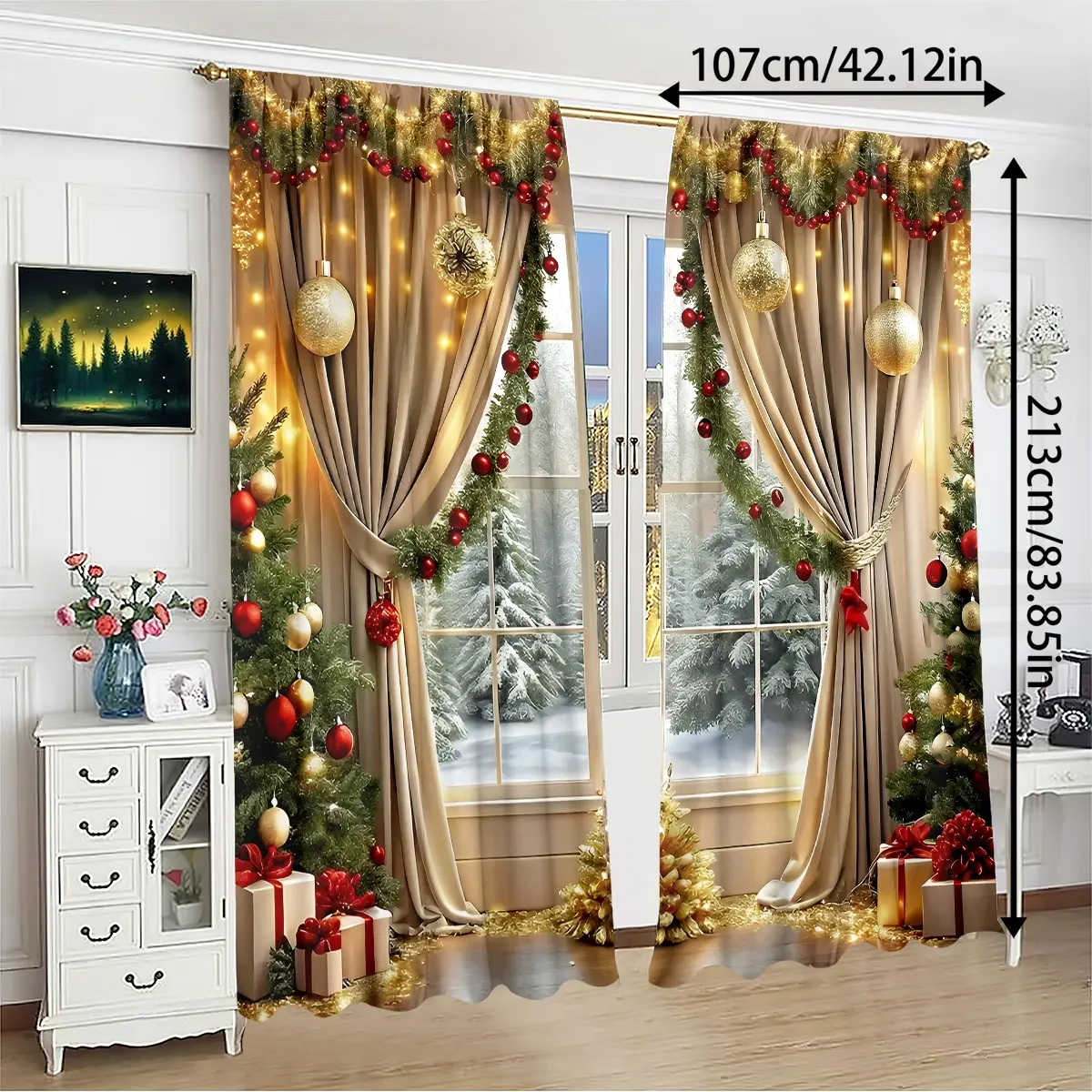 Snowball Print Curtains Set of 2, Rod Pocket Style, Half Sunshade Polyester, Home Decoration Curtain, Home Living Room Bedroom Balcony Kitchen Study Cafe Window Decor