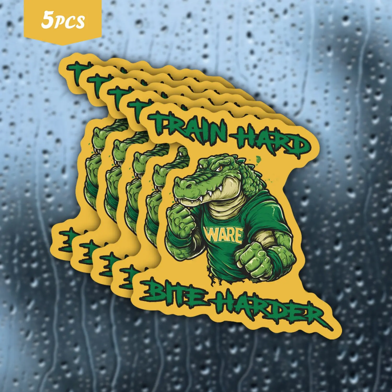 5PCS Fierce & Determined Cartoon Alligator "Train Hard Bite Harder" Waterproof Vinyl Sticker, Self-Adhesive Single-Use Decal, Suitable For Water Bottles, Laptops, Cars, Tablets And More, Ideal For Alligator, Fitness And Sports Enthusiasts