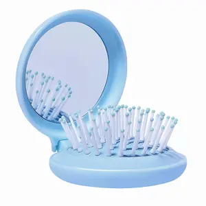 Travel Hairbrush and Mirror Set Women Folding Brush with Compact Mirror Purse or Backpack Cute Baby Blue Gift
