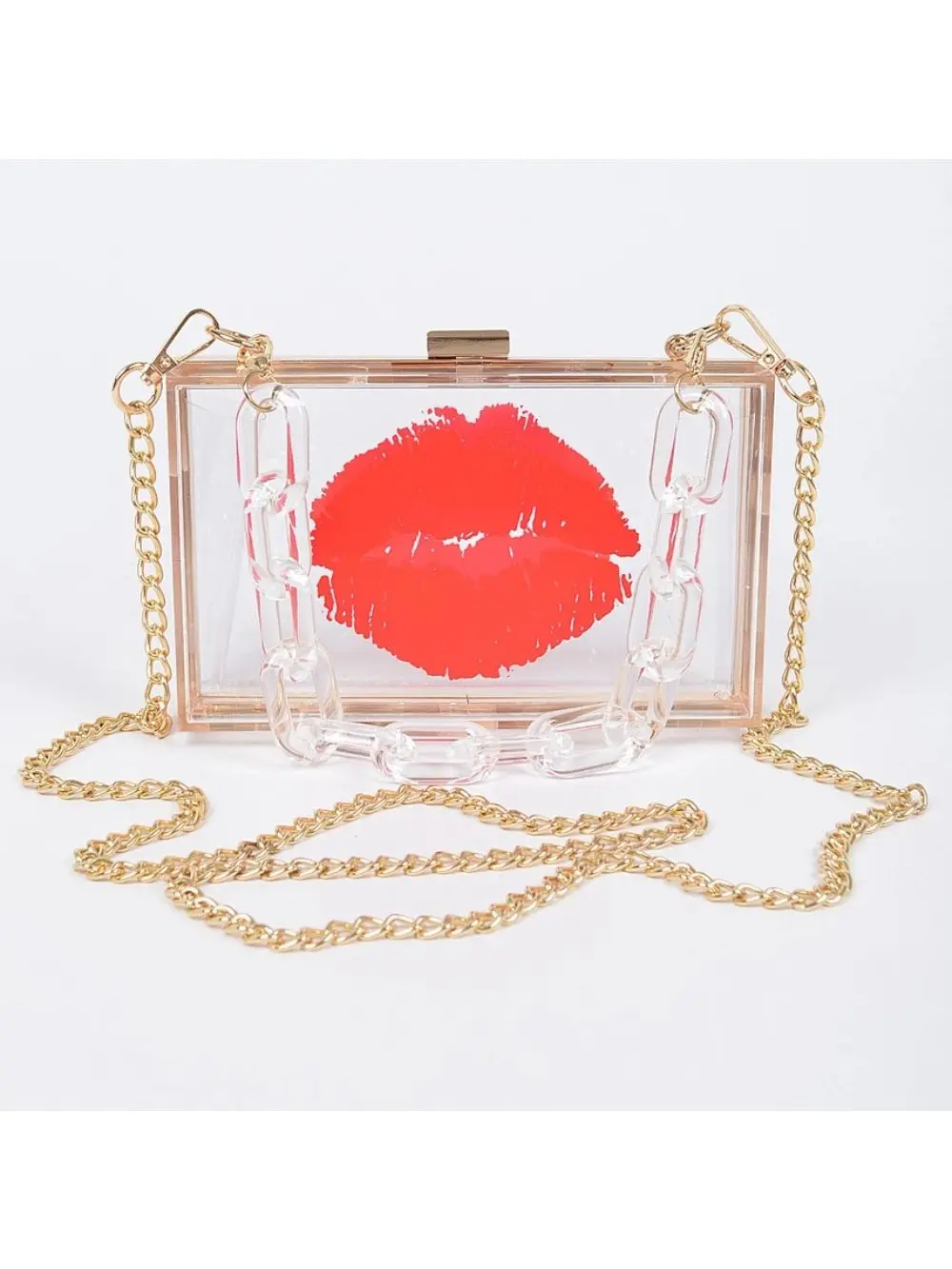 RED KISS LIP CLEAR HARD CLUTCH WITH CLEAR CHAIN