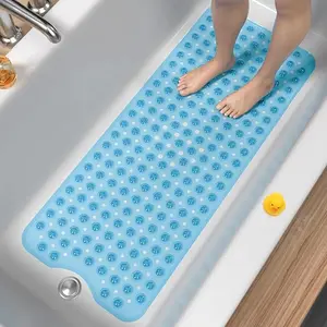 Non Slip Bath Mat for Tub 40x16 Inch Extra Long, Machine Washable Shower Mat with Strong Suction Cups & Fast Drain Holes, Soft PVC Pebble Texture for Feet Comfort, Available in Blue Clear Light Gray Black for Any Bathroom Decor