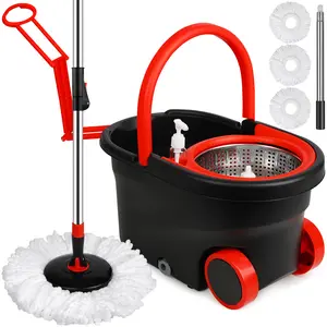Stainless Steel Spin Mop and Bucket with Wringer on Wheels, 3 Microfiber Mop Replacement Heads, Black & Red Household Buckle Pet Wall 
