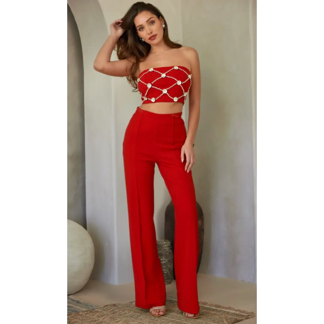 BIG STONE NET TRIM TUBE TOP SET WITH PANTS - RHINESTONE WITH BIG JEWEL STONE / STRAPLESS / ZIPPER ON BACK