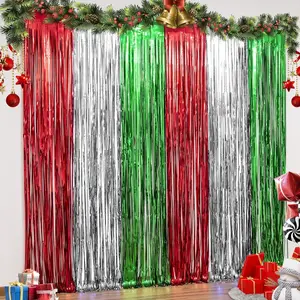 3 Pack Christmas Party Decorations 3.3 x 6.6ft Foil Fringe Curtains Red Silver Green Tinsel Metallic Photobooth Props Backdrop Streamers for Christmas in July New Year Ugly Sweater Party