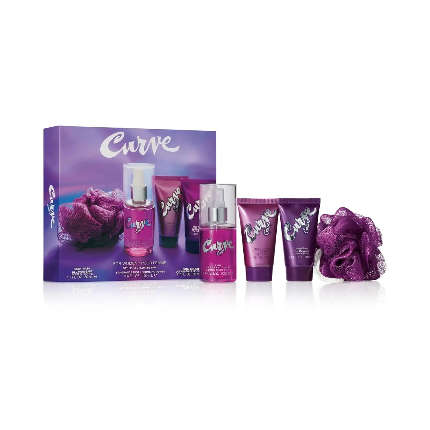 Curve Women's 4-Piece Antibacterial Crush Bath & Body Care Set - Scented Fine Mist, Body Wash, Lotion, Loofa, Vanilla Orchid Chai Latte Notes, Floral Warmth Aroma, All Skin Types, Adult Gift Set, Cosmetic Steamer