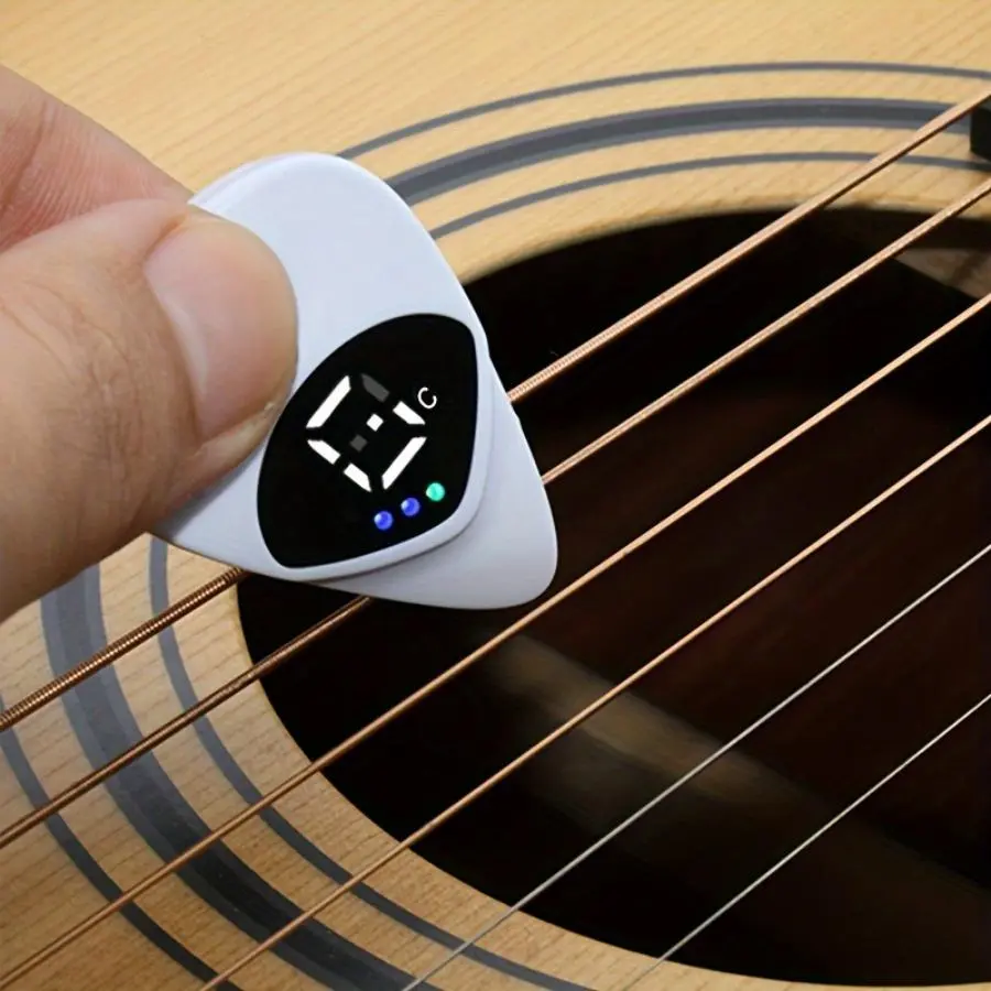 Portable 2-In-1 Guitar Pick And Tuner | 12-Tone Multi-Function, Battery Powered, White ABS Resin for Guitars and Ukulele
