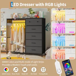 Garvee Modern 6-Drawer Fabric Storage Cabinet with Hanging Rod – Sturdy Iron & Particle Board Frame – Built-in LED Light & USB Charging – Easy Assembly Dresser for Bedroom or Closet – Brown/Black/White