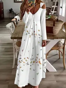 Elegant Fall & Winter V-Neck Long Sleeve Dress, Butterfly Cut Out Design, Casual Fitted Maxi Dress for Women, Plus Size Fashion
