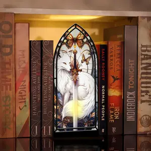Quicksilver-Inspired Book Nook & Suncatcher Candle Holder – White Fox & Sword Panel, Gothic Arch, Illuminated Handmade Gift for Book Lovers (No Candle)