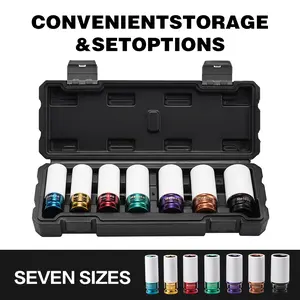 Metoxa 7pc Wheel Protector Impact Socket Set (17-27mm), 1/2" Drive Thin Wall Deep Sockets with Non-Marring Sleeves, Color Coded Metric Socket Set