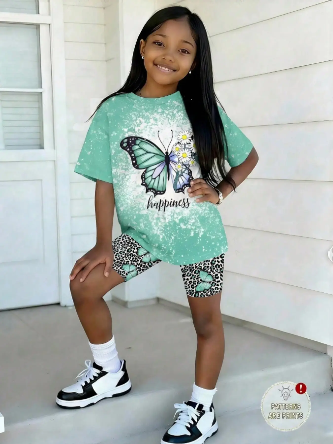 Teenage Girl Floral Butterfly Pattern T-Shirt and Leopard Print Shorts Set, Casual Fitted Suit for All Seasons, Summer Clothing Set, Stylish Kids