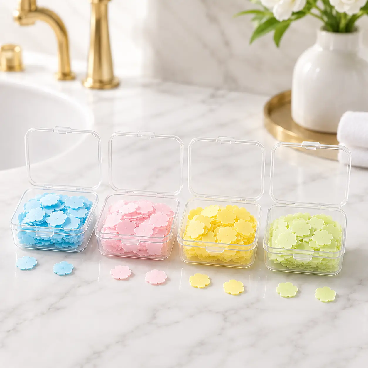 4 Pack Portable Paper Soap Sheets Set (400 Sheets Total), Cute Flower Petal Dissolvable Soap Flakes with Clear Cases for Travel, Camping, Purse & Kids School