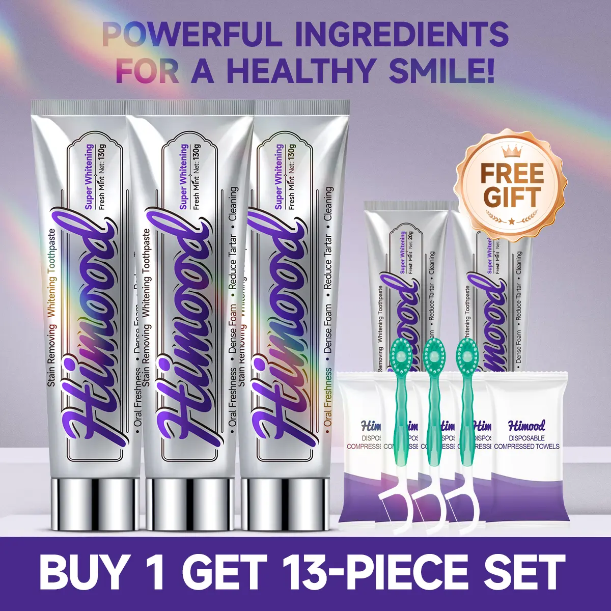 HIMOOD Buy 1 Get 13-Piece Set Fast-Acting Brightening Toothpaste with Grape Seed Extract for Daily Use Fights Surface Stains Provides Antioxidant Protection for Oral Health
