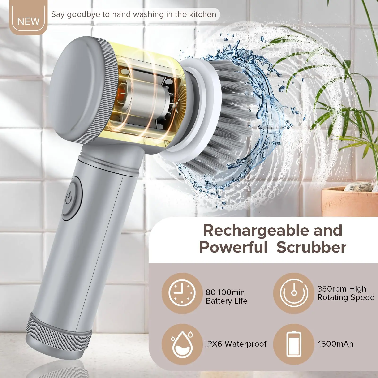 Rechargeable Cordless Electric Cleaning Brush with 350rpm High Rotating Speed 80-100min Battery Life IPX6 Waterproof for Dishes Sinks Tiles Bathrooms