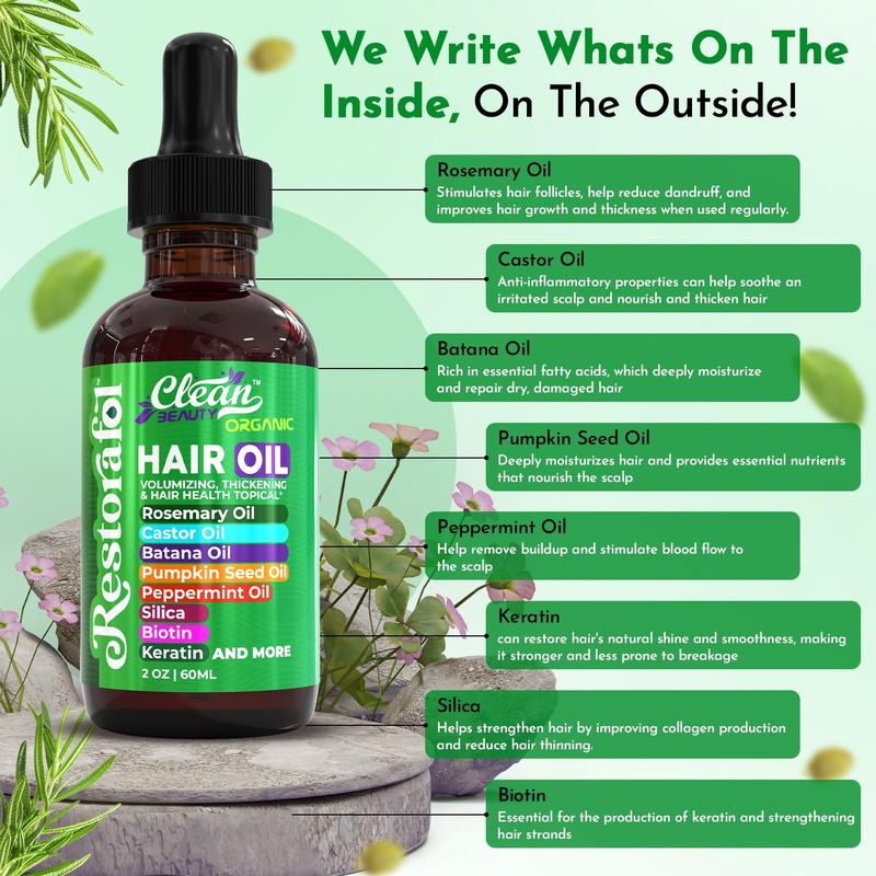 Clean Nutra Rosemary Hair Oil, Castor Oil, Batana Oil, Pumpkin Seed, Collagen, Biotin, Keratin & More for All Hair Types Alcohol-Free Cruelty-Free Liquid Drop – Restorafol