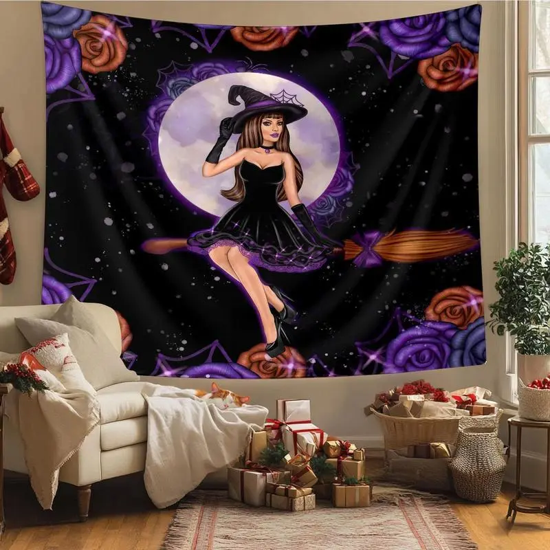 Halloween Witch Theme Tapestry, Mysterious Moonlight Night Fantasy Tapestry, Fashionable and Colorful Design Tapestry for Living Room and Bedroom Festival Decoration