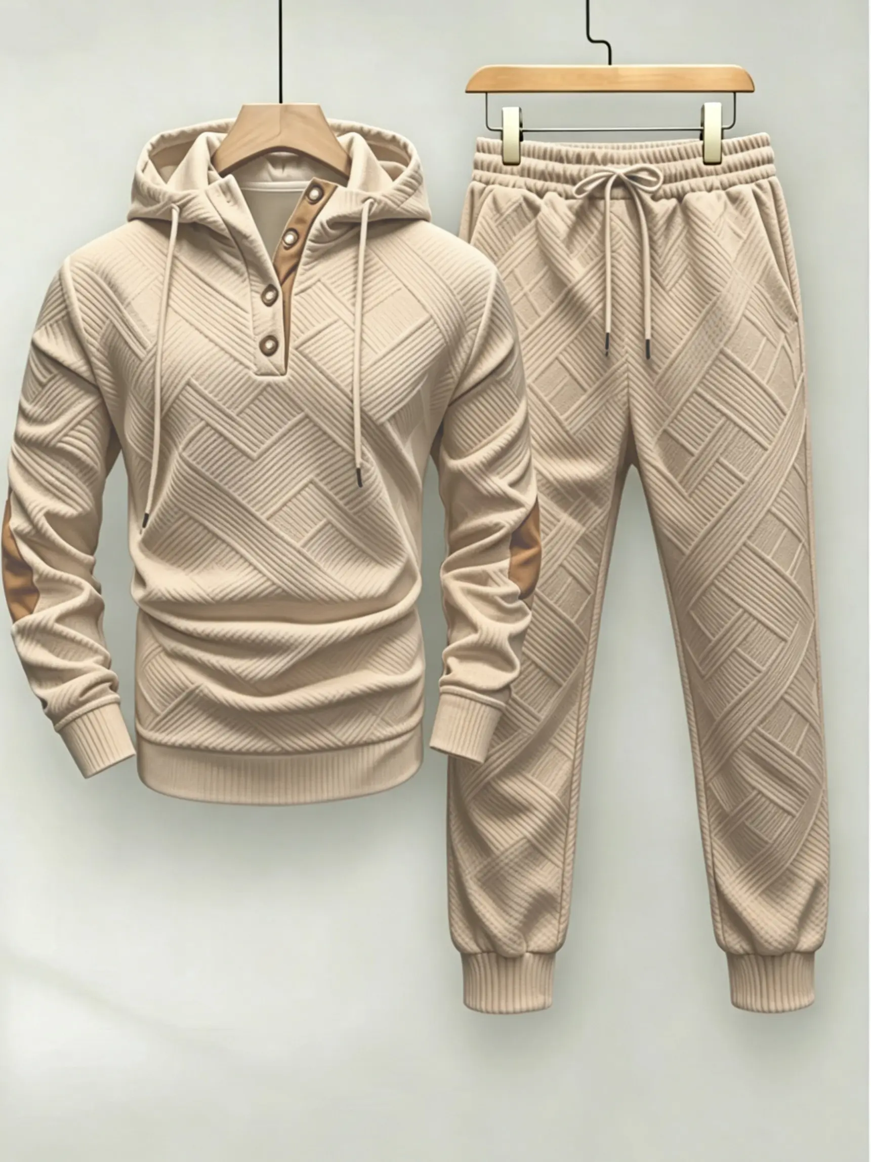 Men's 2-Piece Textured Knit Tracksuit Set - Hooded Pullover, Drawstring Trouser, Comfortable Casual Athletic Sportswear