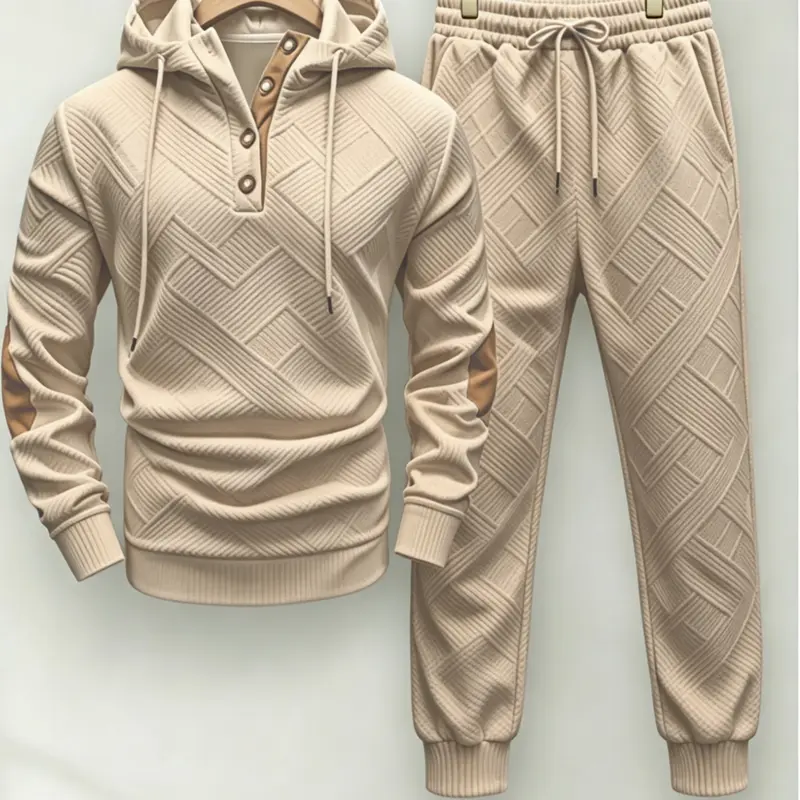 Men's 2-Piece Textured Knit Tracksuit Set - Hooded Pullover, Drawstring Trouser, Comfortable Casual Athletic Sportswear