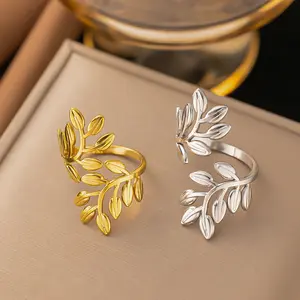 Luxury Leaf Stainless Steel Rings For Women Fashion Gold Plated Leaves Adjustable Open Finger Rings Party Wedding Jewelry Gift