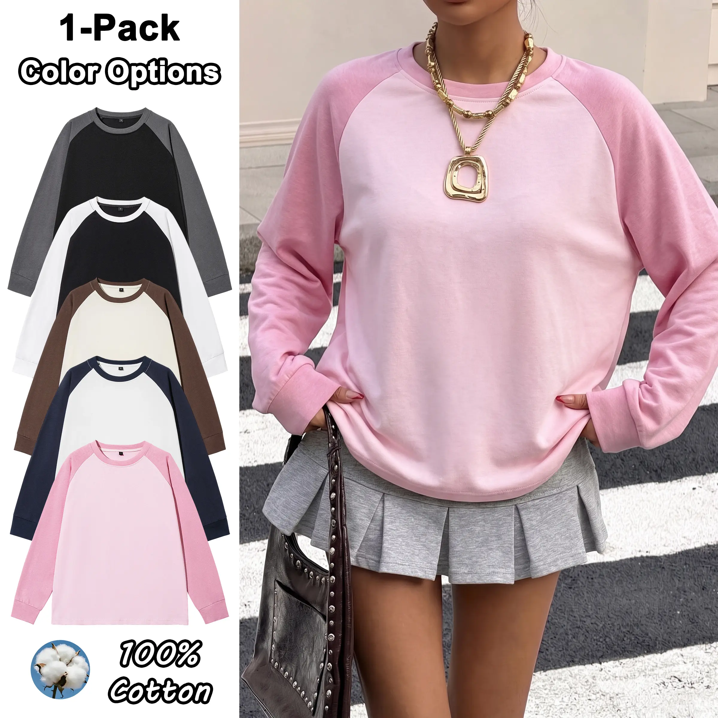 Women’s 100% cotton color-block lightweight loose sweatshirt, couples’ casual top, crewneck base layer T-shirt suitable for all seasons, ideal for everyday wear and outings