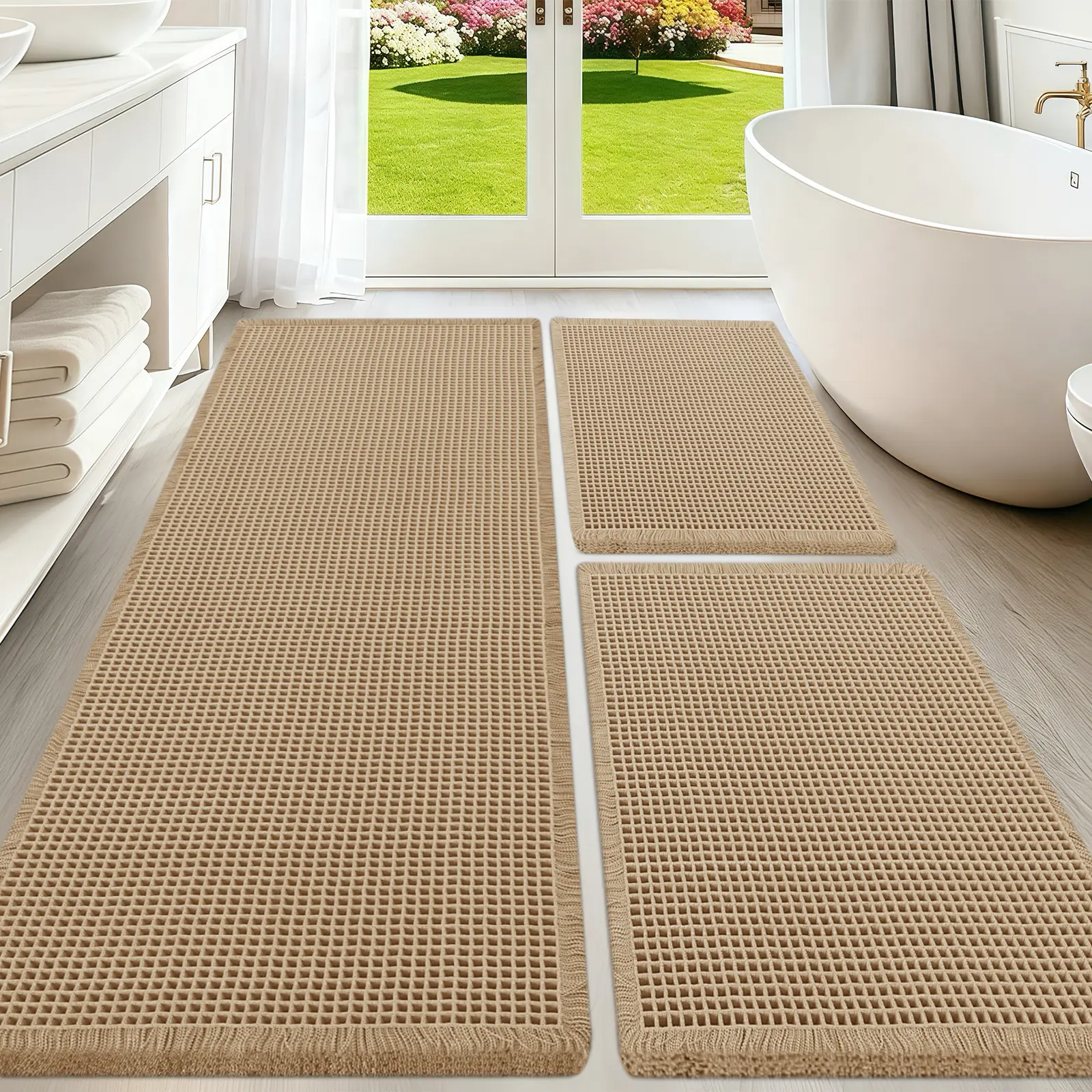 Comfydew Waffle Bath Mat 1 Piece/2 Piece/3 Piece Set, Boho Woven Modern Bath Mat Rugs, Absorbent Non Slip Bathroom Rugs, Soft Washable Bath Rugs with Tassels for Bathroom, Bedroom, Kitchen, Shower, Tub