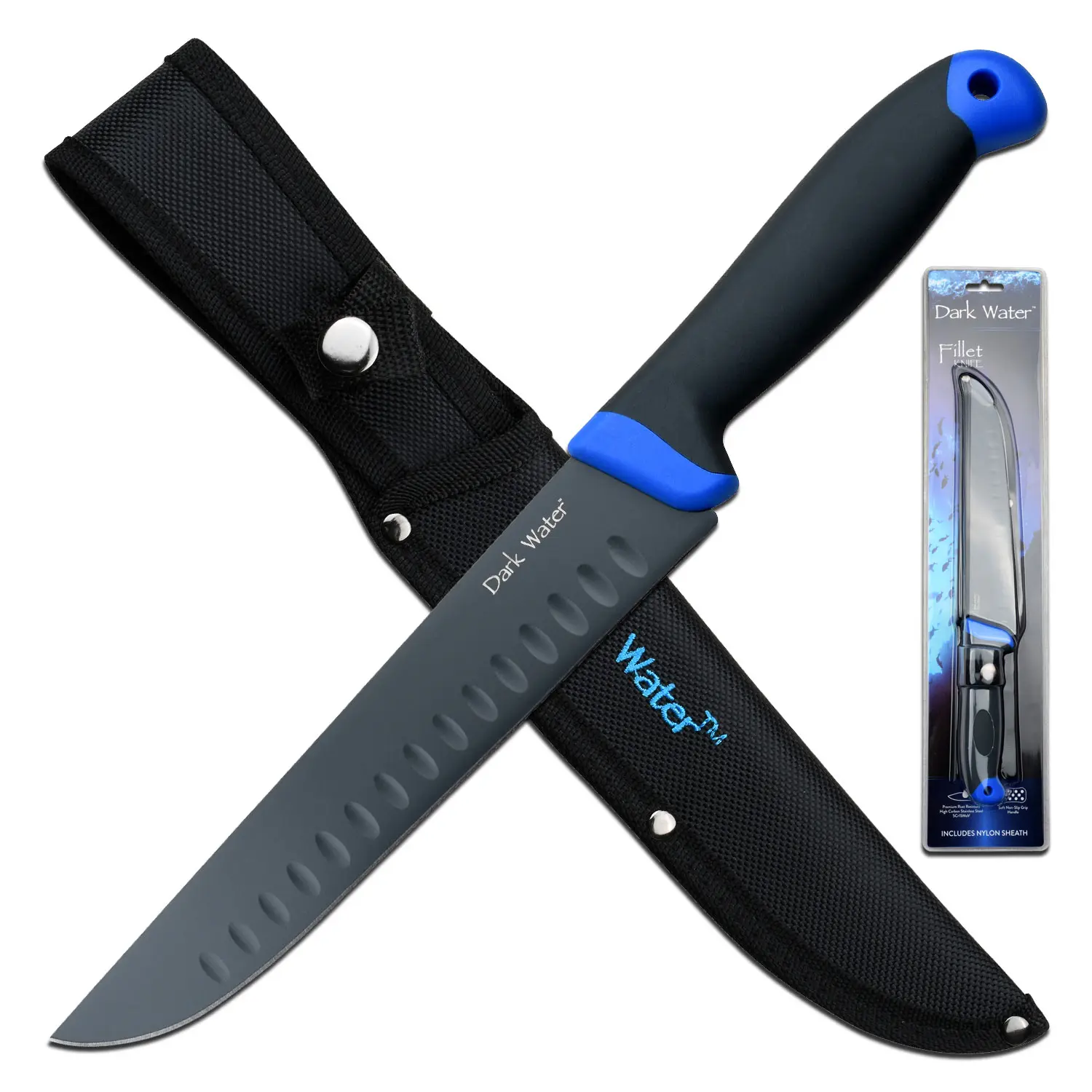 Dark Water 8-in PTFE Coated Stainless Steel Fixed Blade Santoku Filet Knife, Heavy-Duty Outdoor Knives for Hiking & Light Outdoor, Model DW-FIX005CS, Cut, Full Tang