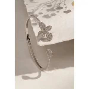 Emerald Clover Charm Open Bangle Bracelet