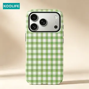 Koolife 1Pcs Light Green White Gingham Plaid Phone Case, 2-in-1 PC+TPU Glossy Hard Cover, Scratch & Shock Resistant for iPhone 17 16 15 14 13 12 11 Pro Max Plus XR XS, Cute Spring Aesthetic Must-Have!