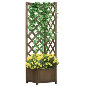 Wooden Raised Garden Bed with Corner Trellis – Carbonized. Two Trellis Walls for Vine Climbing. Self-Draining Hollow Bottom. Outdoor Ready Fir Wood. 15.75"L x 15.75"W x 57"H