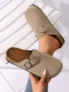 Women's Thick Sole Buckle Footbed Sandals, Spring New Arrival, Apricot Round Toe Slip-On Velour Shoes, Flat Mules Outdoor Casual Slippers, Buckle Clogs