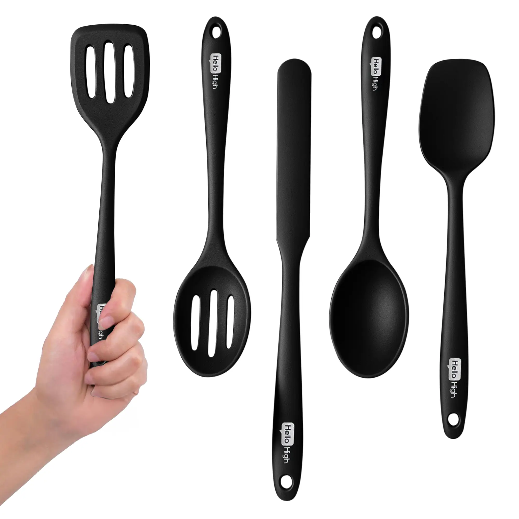 Black 5 Piece Small Spatula Set – Compact Silicone Short Spatulas for Baking, Cooking and Jar Scraping, Non-Stick 600 Degrees Heat Resistant