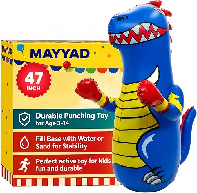 47 inch Inflatable Dinosaur Punching Bag for Kids (Ages 3-14), Durable Blue Bop Bag with Fast Bounce-Back Action, Water/Sand-Fill Base for Stability