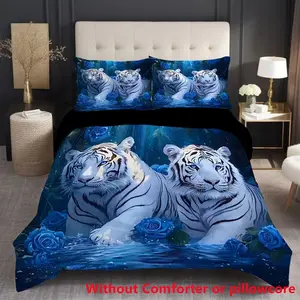 3-Piece Bedding Set, Tiger & Blue Rose Forest Lake Print, Soft Comfortable Fabric, Zipper Design