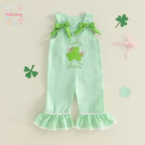 St. Patrick's Day Toddler Girl "Lucky Charm" Romper - Vibrant Green Gingham Jumpsuit with Shamrock Embroidery & Bow Straps, Breathable Soft Fabric, Cute Ruffle Hem