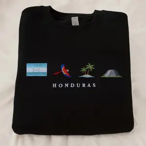 Honduras Embroidery Sweatshirt, Cozy, Black, Guacamaya Roja, Copán, Maya, Garifuna, Roatán Coral, Baleada Gift Symbol Stitch Crewneck Unisex