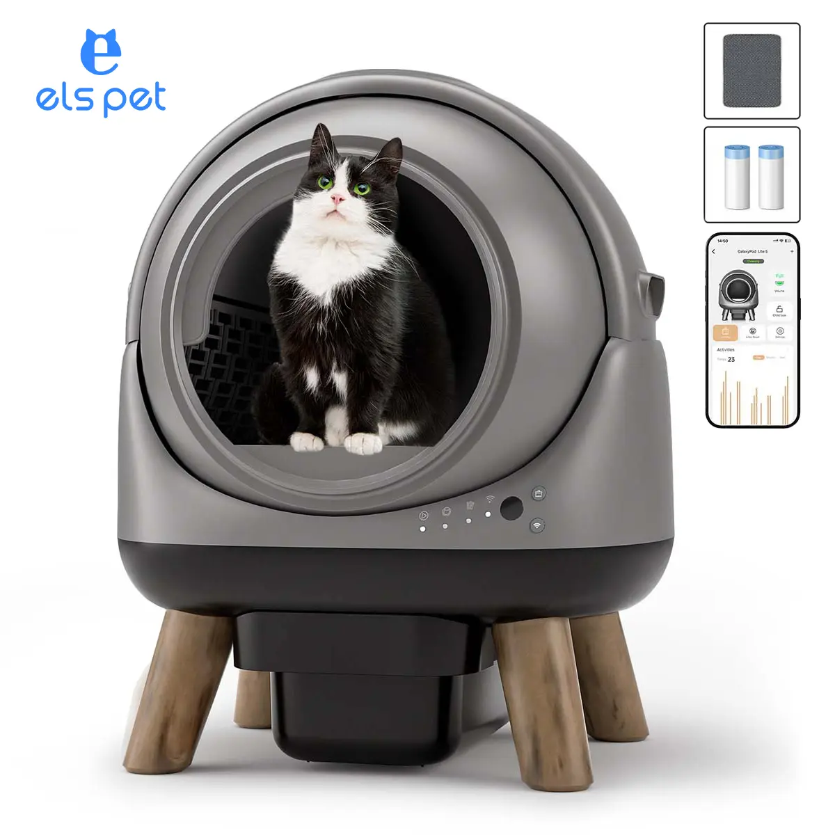 ElsPet “Orbitie” Self‑Cleaning Cat Litter Box – Multi‑Sensor Anti-Pinch Design, Up to 20 Days No Scooping, Whisper-Quiet, Odor‑Free, APP Health Monitoring, Multi‑Cat Friendly, Cozy Size for All Cats, Easy to Install