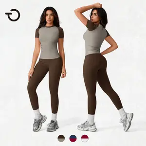 TimeOFF Women's 2 Piece Color Blocking Yoga Set - Short Sleeve Crew Neck Top & High Waist Butt Lifting Leggings, Stretchy Breathable Fabric, Eliminates Movement Restriction & Waist Rolling, Perfect for Yoga, Pilates, Gym & Daily Activewear